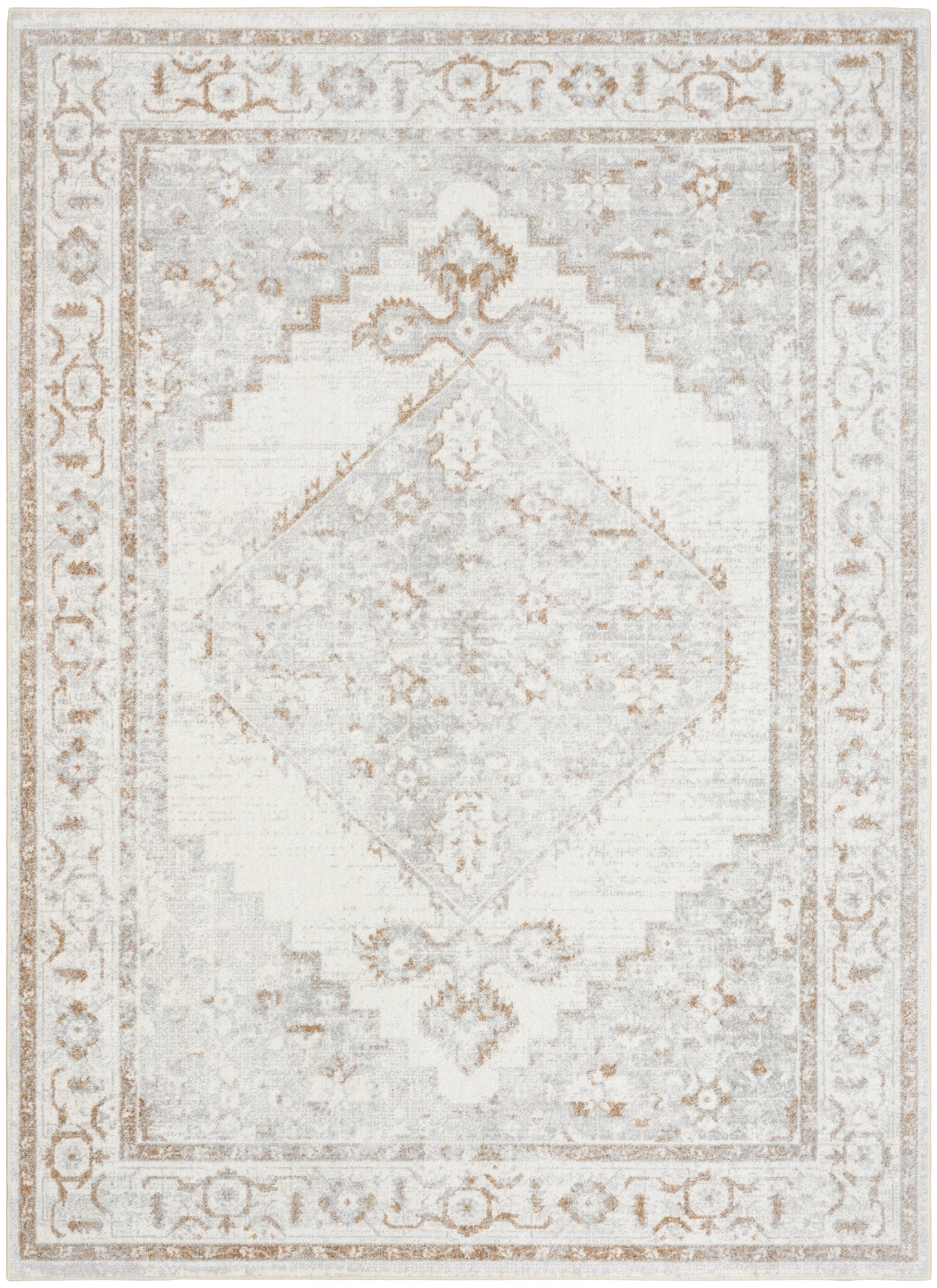 Soft ivory distressed oriental area rug with pale gray medallion center and ornate border; vintage look.