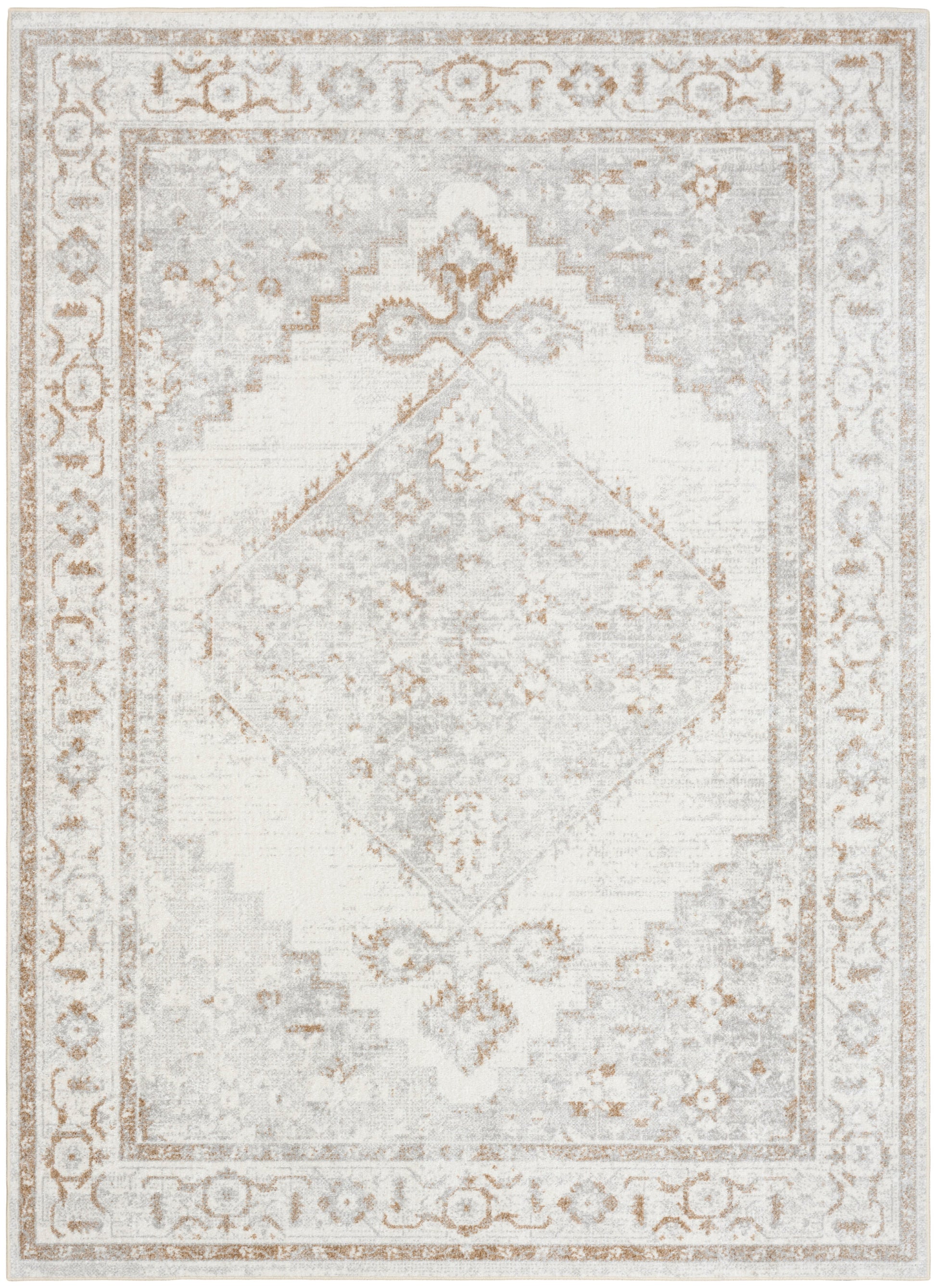 Soft ivory distressed oriental area rug with pale gray medallion center and ornate border; vintage look.