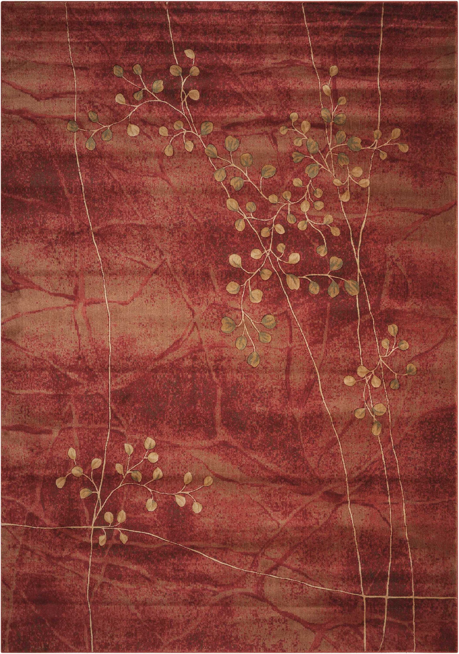 Deep maroon area rug with beige botanical vines and small leaf clusters.