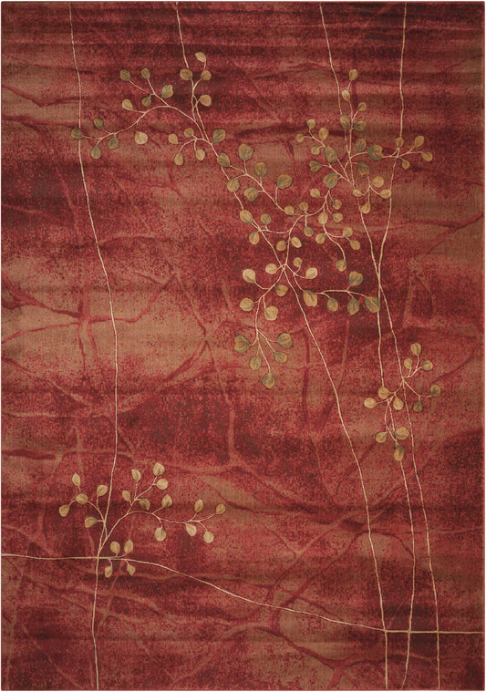 Deep maroon area rug with beige botanical vines and small leaf clusters.