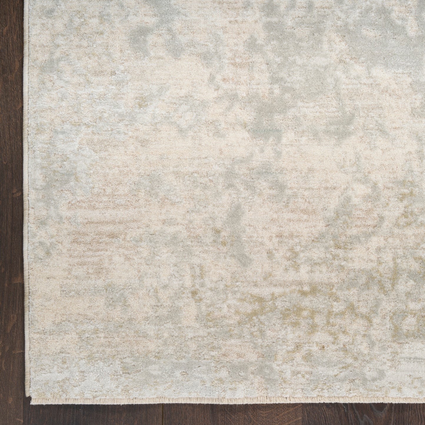 Neutral beige distressed area rug with subtle ivory pattern on dark wooden floor.