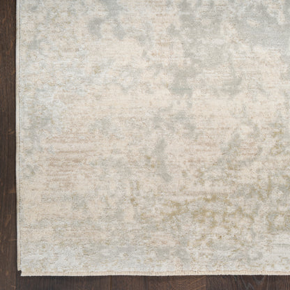 Neutral beige distressed area rug with subtle ivory pattern on dark wooden floor.