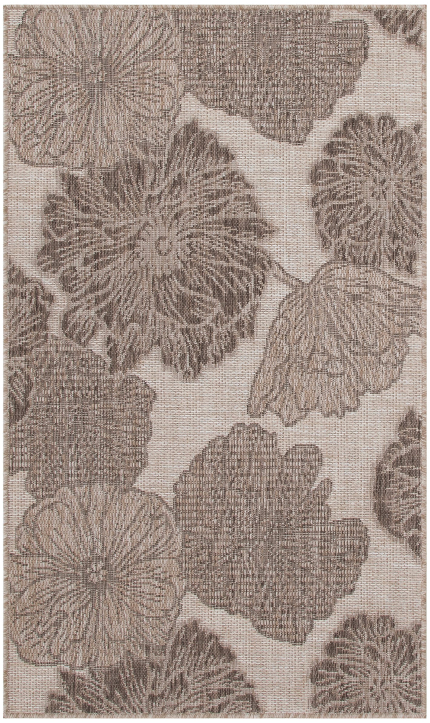 Beige rug with large brown floral print, woven texture, botanical-style pattern for living room decor.