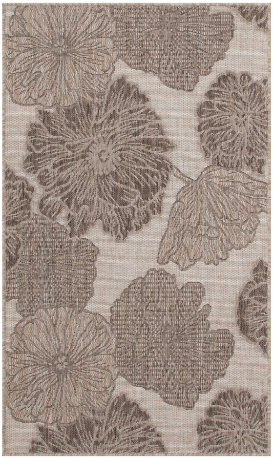 Beige rug with large brown floral print, woven texture, botanical-style pattern for living room decor.