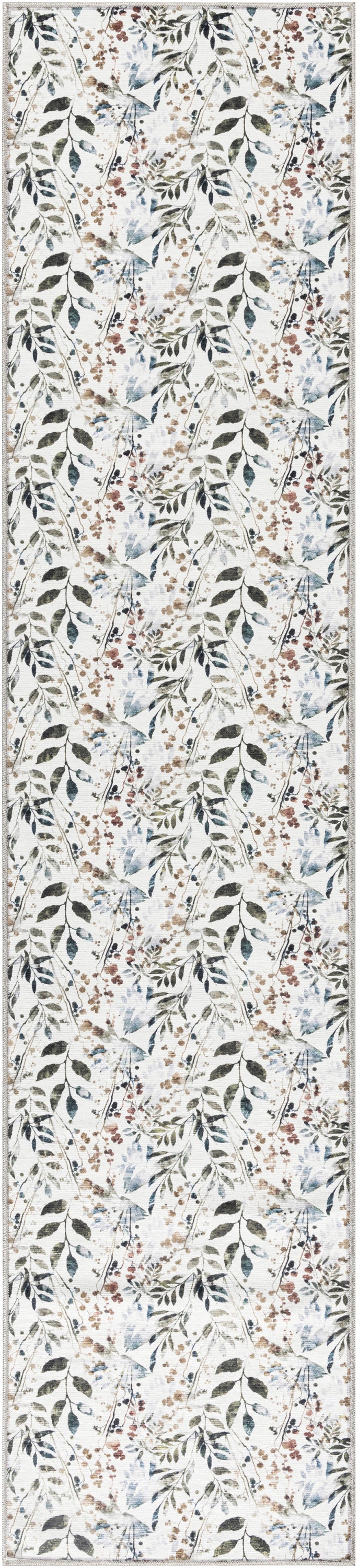 Long botanical rug runner with green leaves and small brown berries on a light ivory background; blue accents.