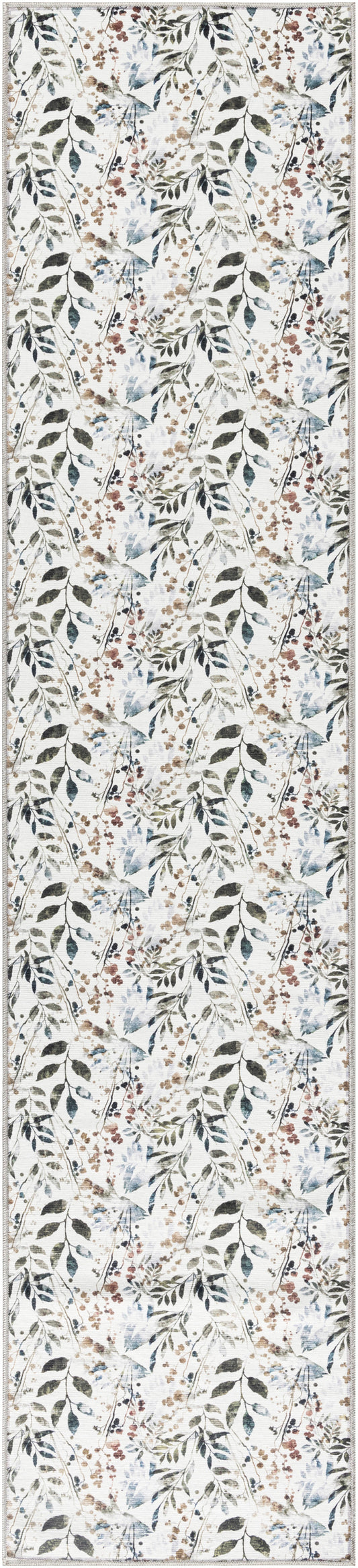 Long botanical rug runner with green leaves and small brown berries on a light ivory background; blue accents.