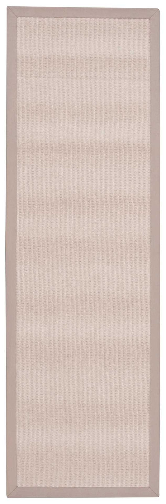 Long rectangular woven runner rug with a beige center and taupe border.
