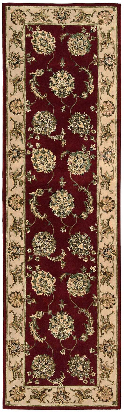 Persian-style runner rug with burgundy field, ivory border, and ornate floral medallions along a narrow long shape.