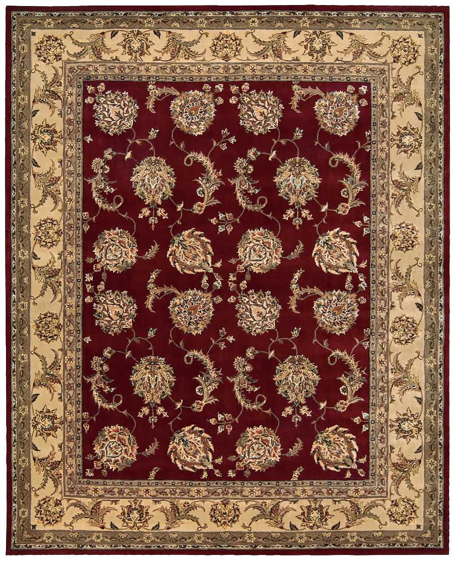 Persian-style rug: deep burgundy central field with gold floral medallions and ornate cream-gold border.