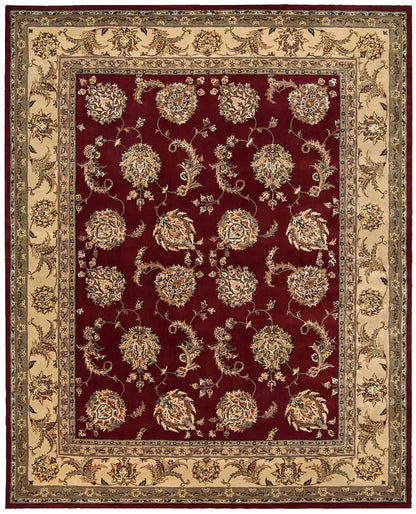 Persian-style rug: deep burgundy central field with gold floral medallions and ornate cream-gold border.