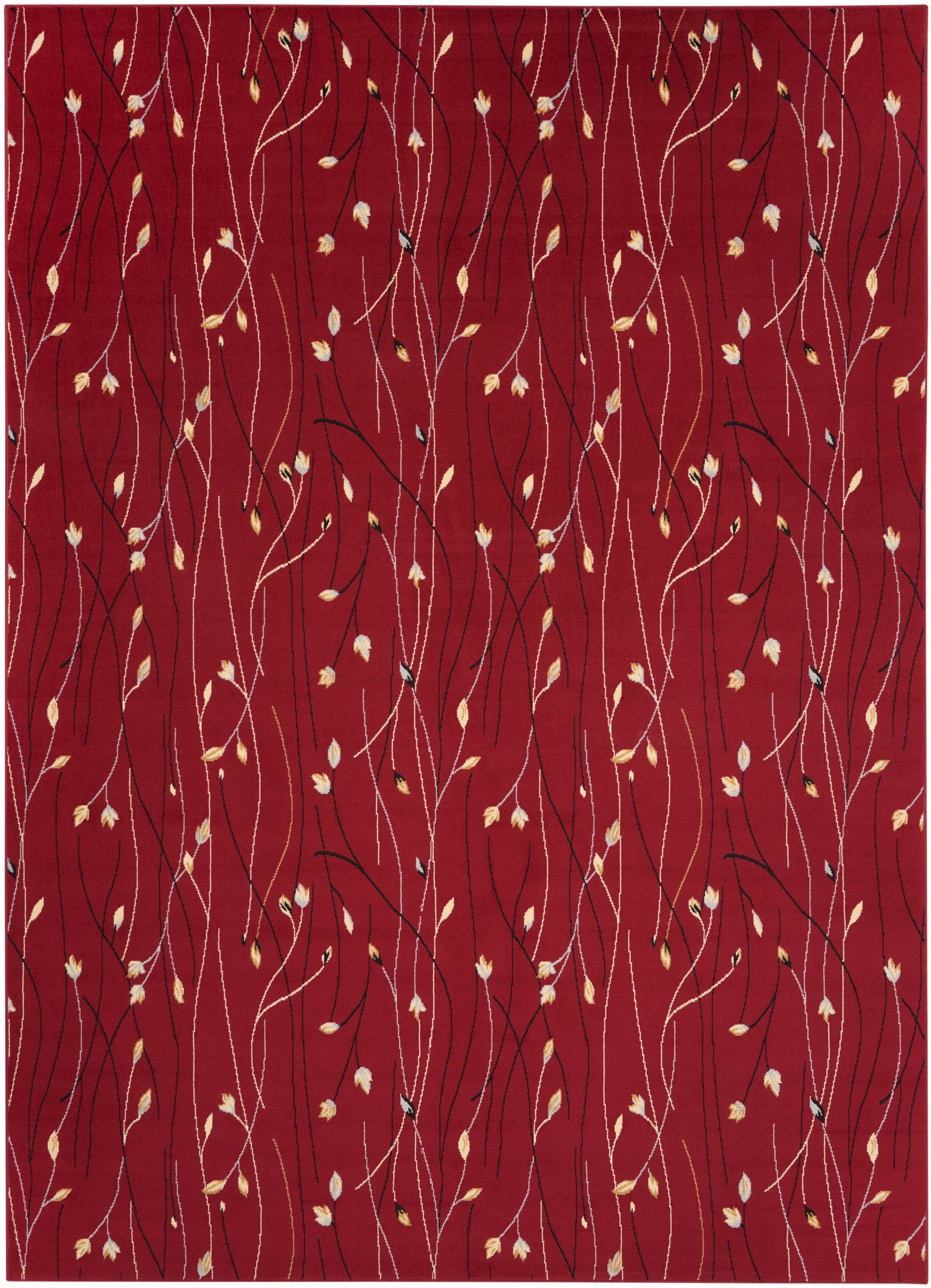 Deep red rug featuring twisting cream and brown vines with tiny beige leaves scattered throughout.