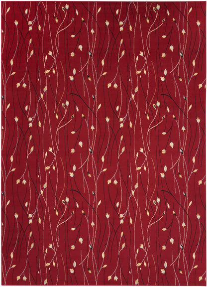 Deep red rug featuring twisting cream and brown vines with tiny beige leaves scattered throughout.
