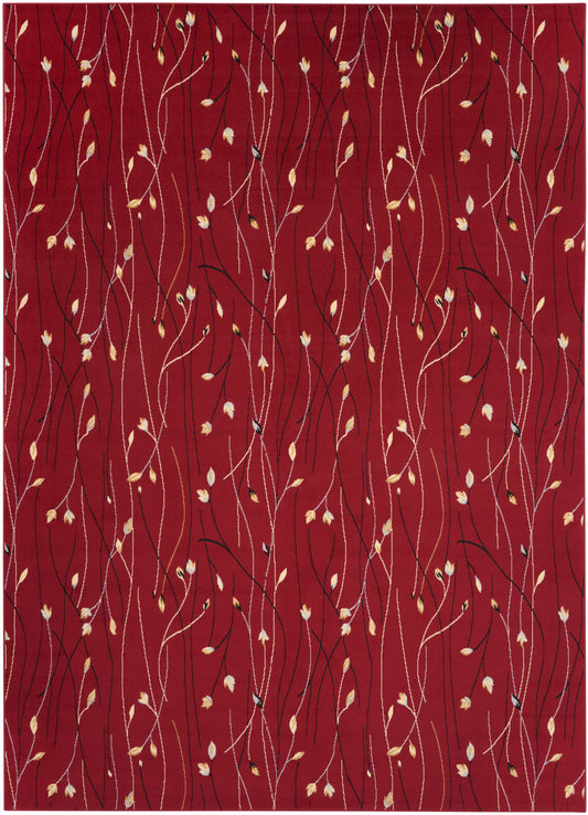 Deep red rug featuring twisting cream and brown vines with tiny beige leaves scattered throughout.