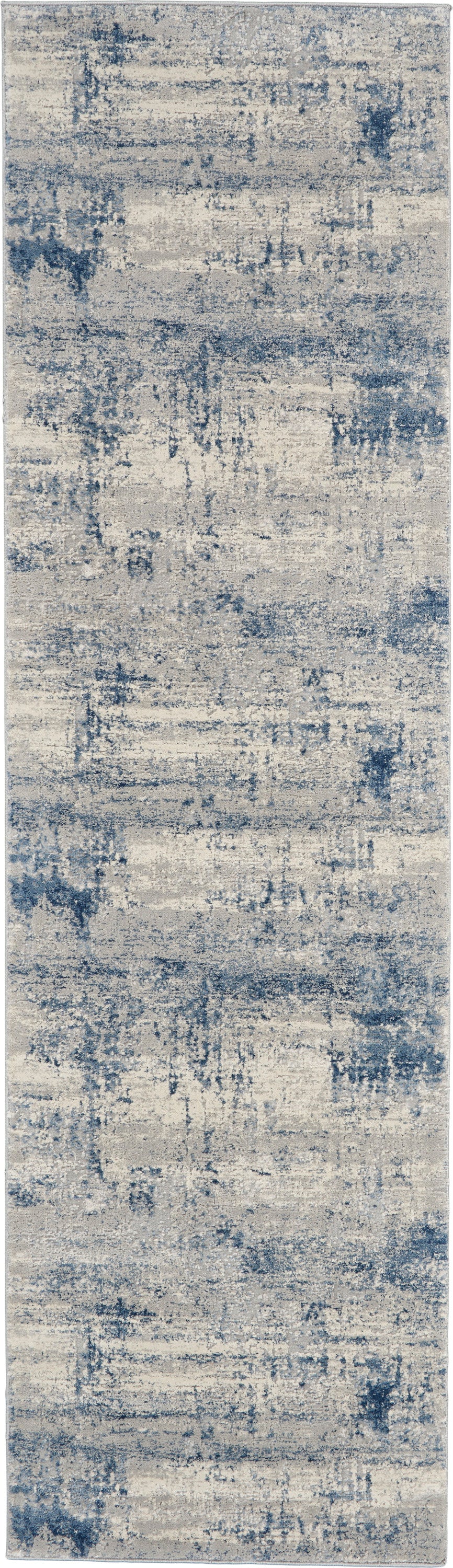 Abstract blue & beige distressed rug runner, modern rectangular area rug for living spaces.