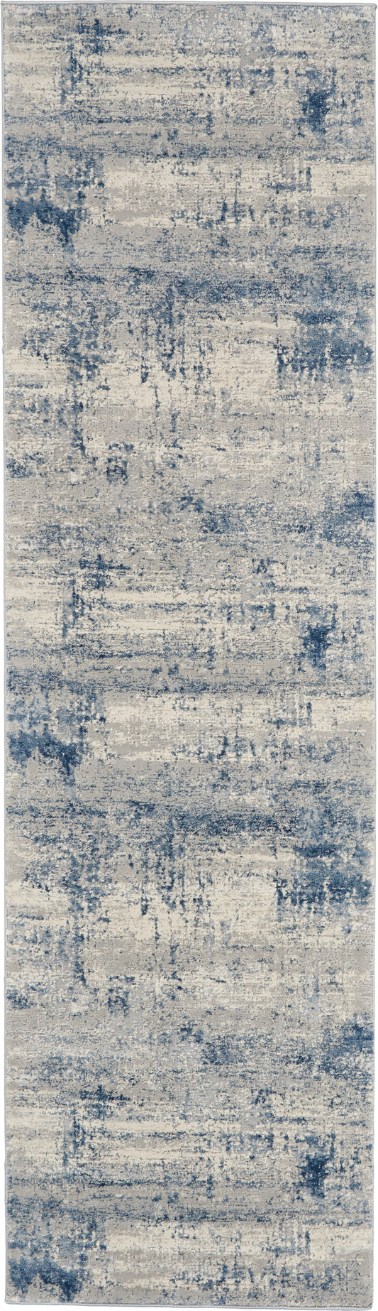 Abstract blue & beige distressed rug runner, modern rectangular area rug for living spaces.