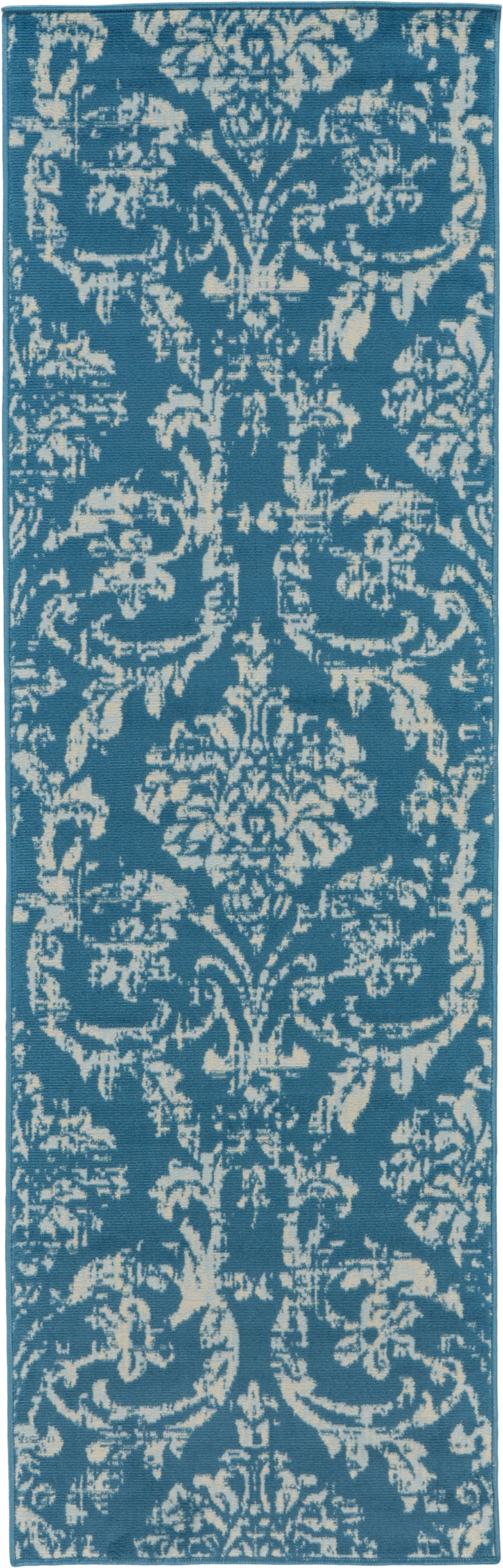 Blue long runner rug featuring ivory damask floral pattern; narrow rectangular hall decor.