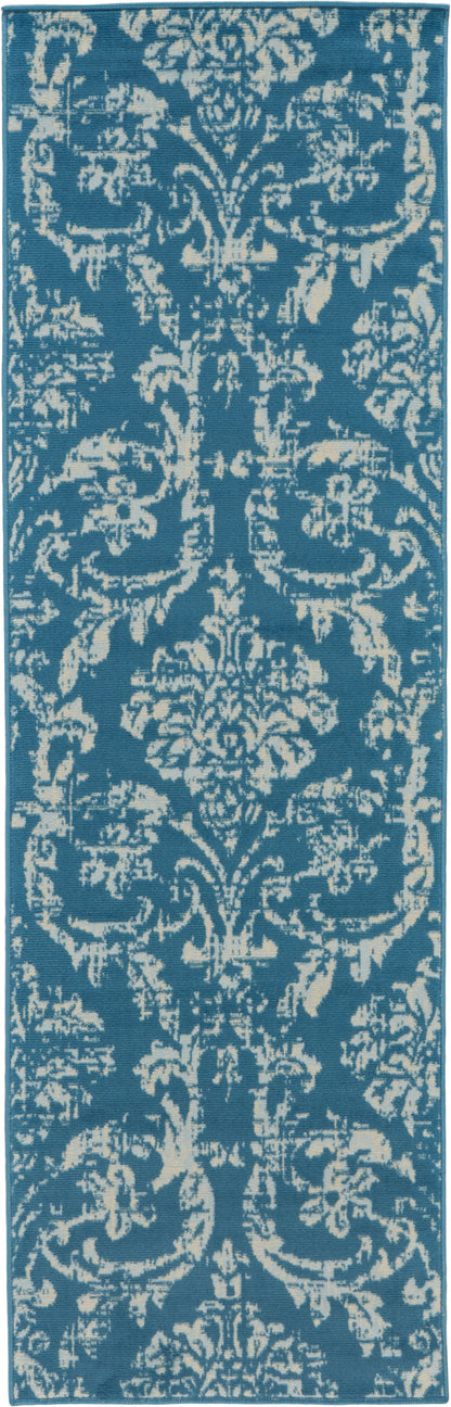 Blue long runner rug featuring ivory damask floral pattern; narrow rectangular hall decor.