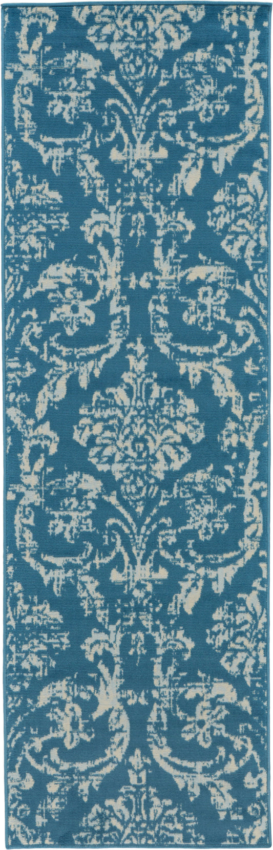 Blue long runner rug featuring ivory damask floral pattern; narrow rectangular hall decor.