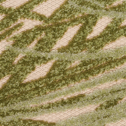 Close-up of beige woven rug with olive-green fluffy diagonal stripes.