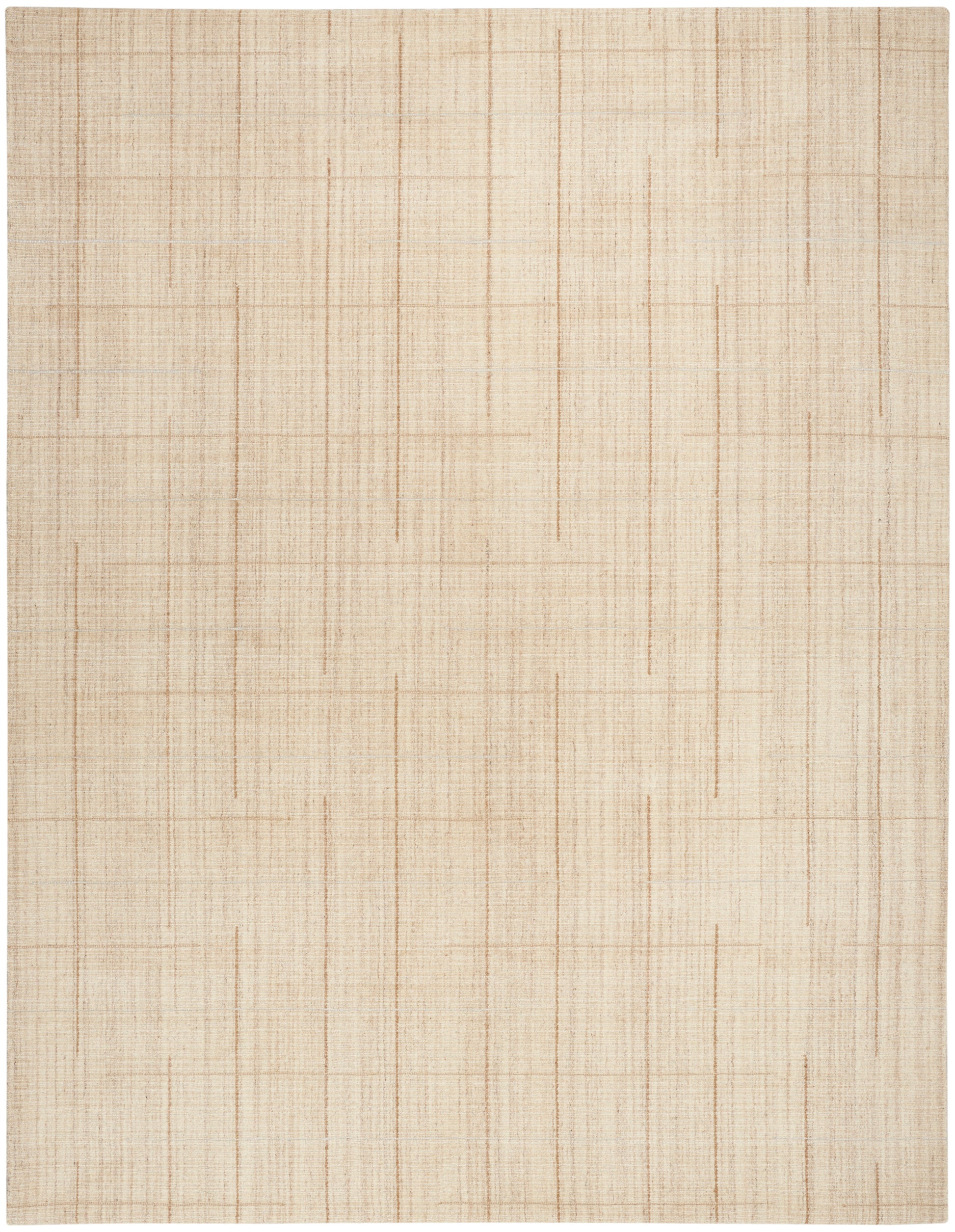 Beige woven rectangular rug with subtle tan linear grid; natural linen/jute texture for neutral living room decor