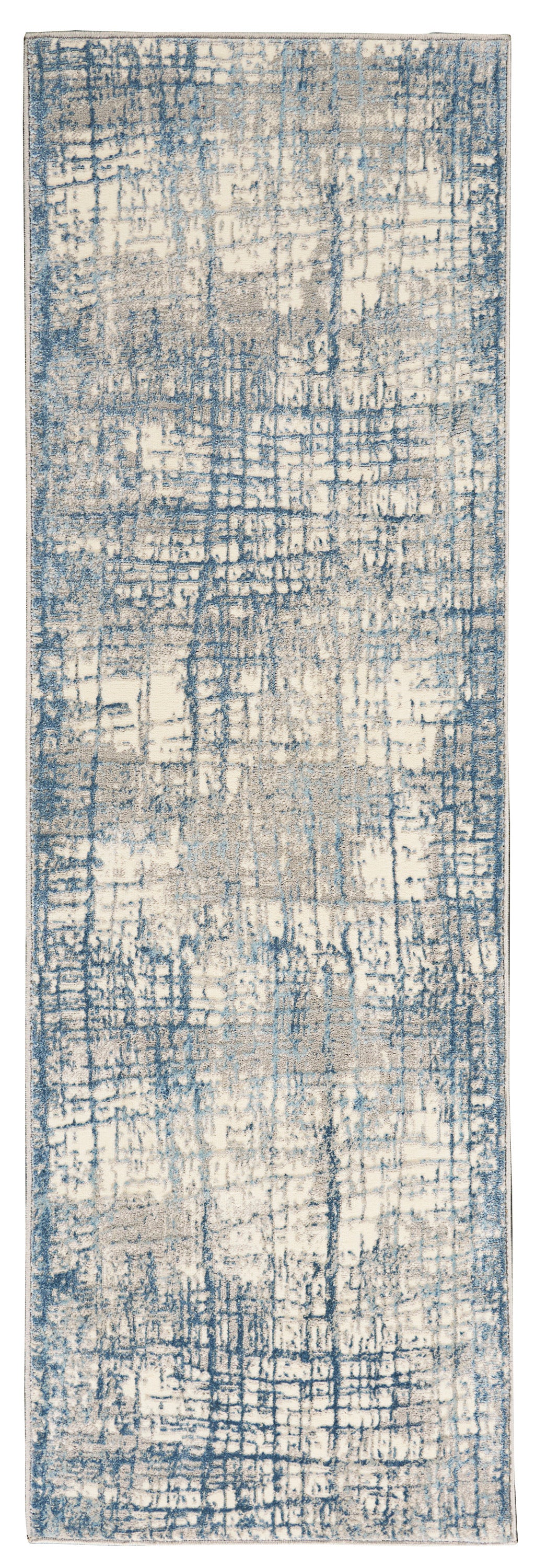 Rectangular blue and beige abstract distressed runner rug with a grid-like pattern; soft woven texture.