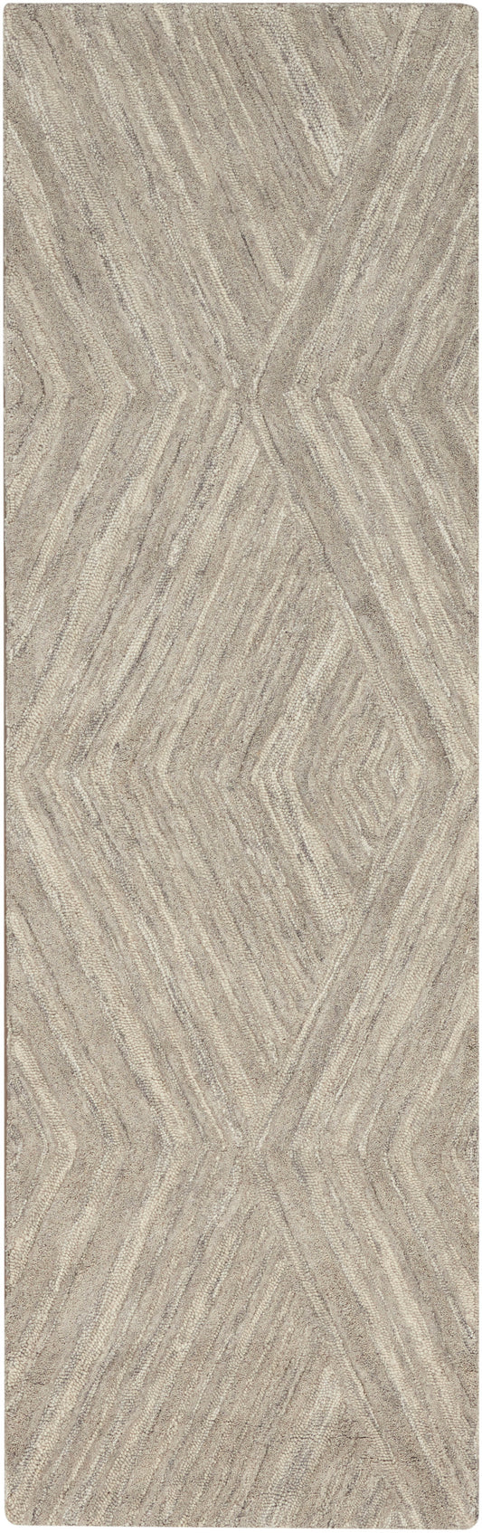 Beige textured runner rug with chevron-diamond geometric pattern in taupe and gray tones.