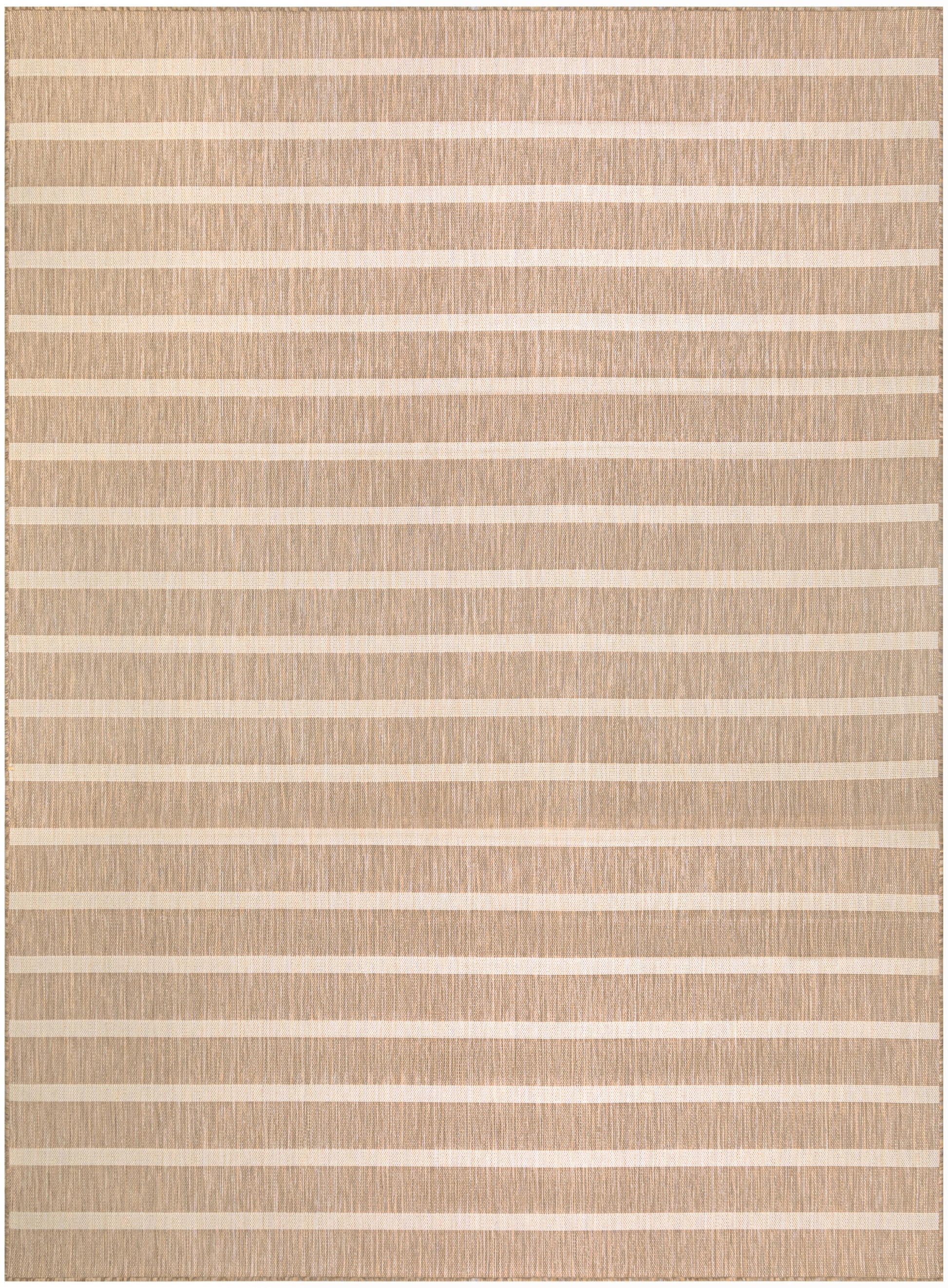 Beige woven rug with horizontal cream stripes and a subtle textured weave.