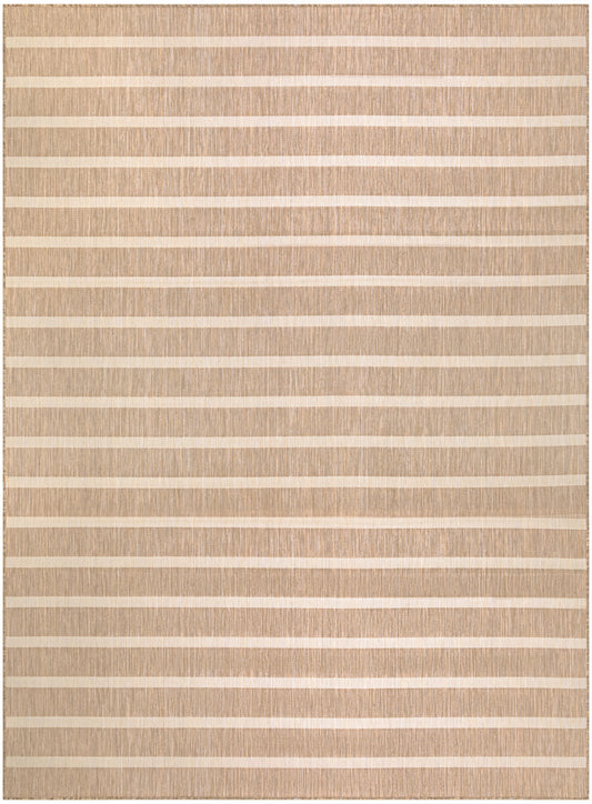 Beige woven rug with horizontal cream stripes and a subtle textured weave.