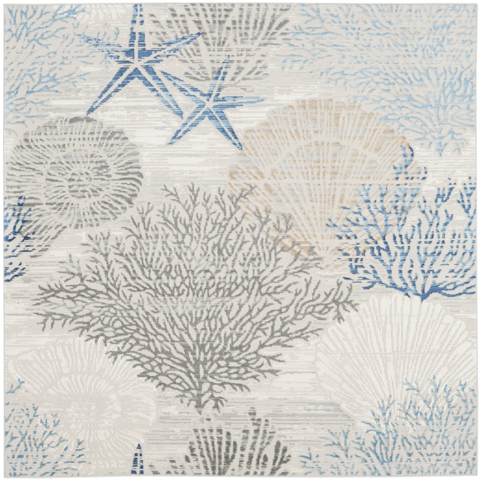 Coastal area rug with blue, gray and beige coral and starfish motifs on a light neutral background.
