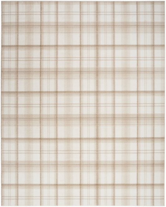 Beige plaid rug with tan lines on a cream background; soft woven farmhouse-style pattern, 8' x 10'.