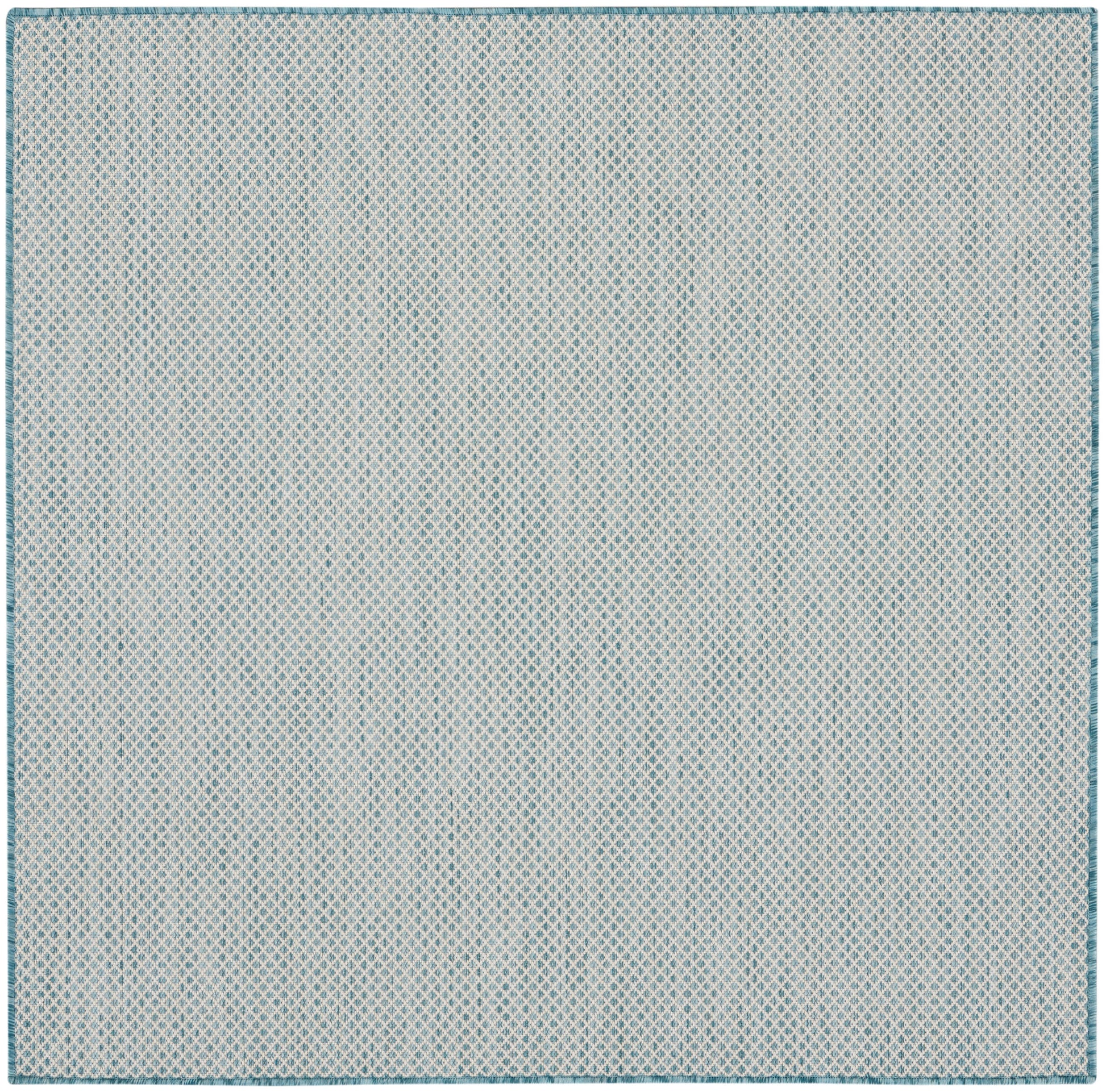 Square woven rug: beige base, blue lattice diamonds, teal border; coastal & casual indoor use.