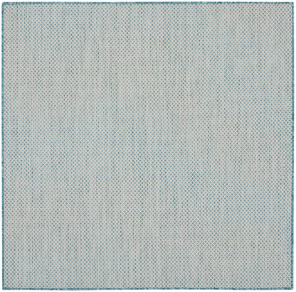 Square woven rug: beige base, blue lattice diamonds, teal border; coastal & casual indoor use.