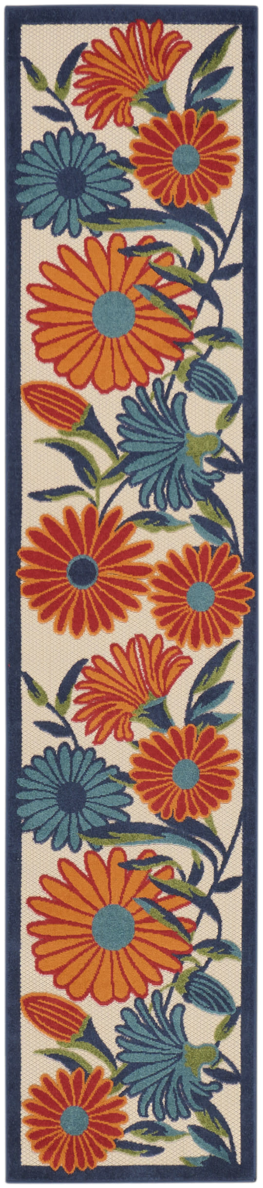 Long floral runner rug with bold orange and teal flowers on cream background and navy border.