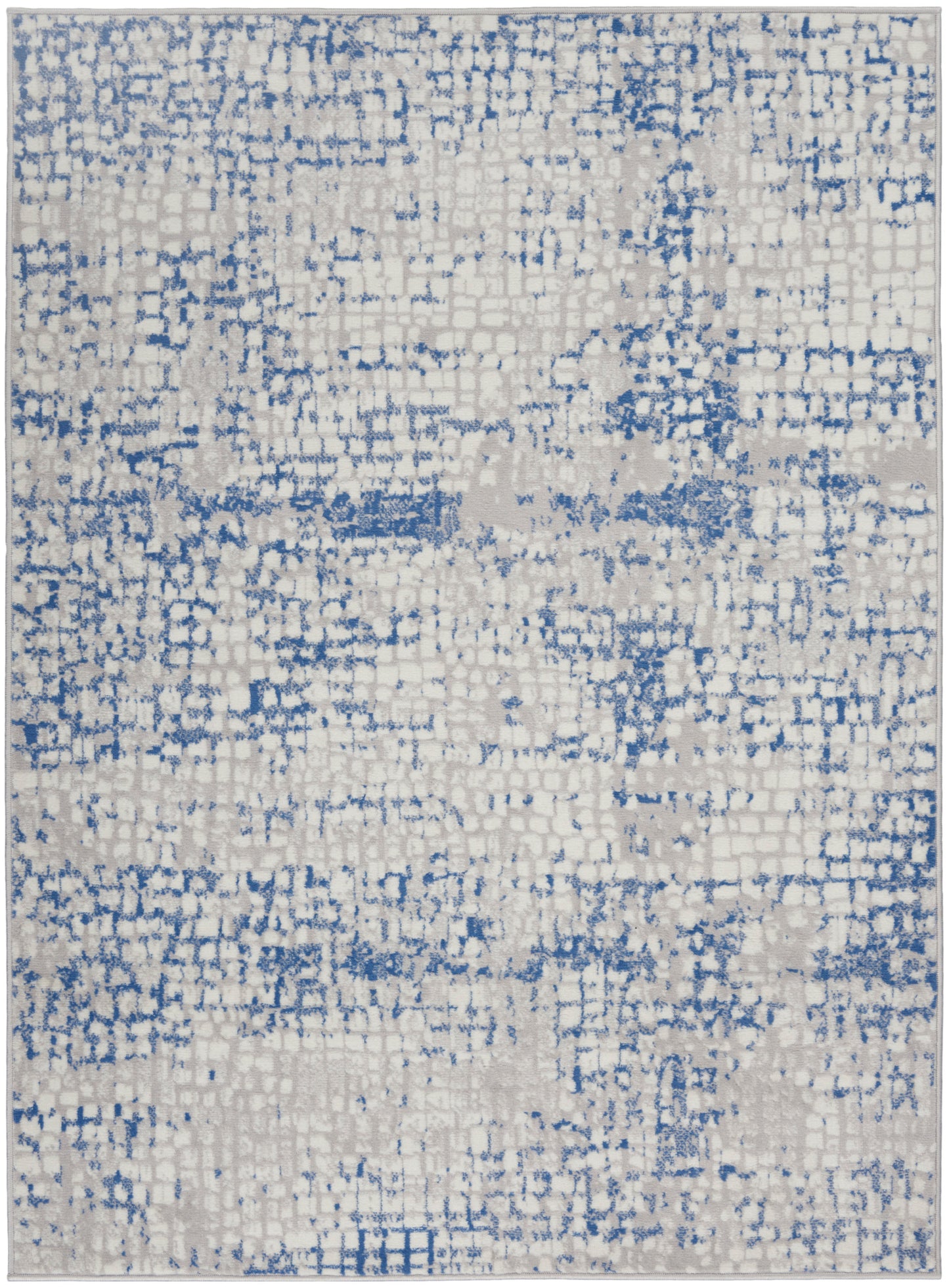 Abstract blue and cream area rug with pixelated mosaic pattern and distressed texture for contemporary decor.