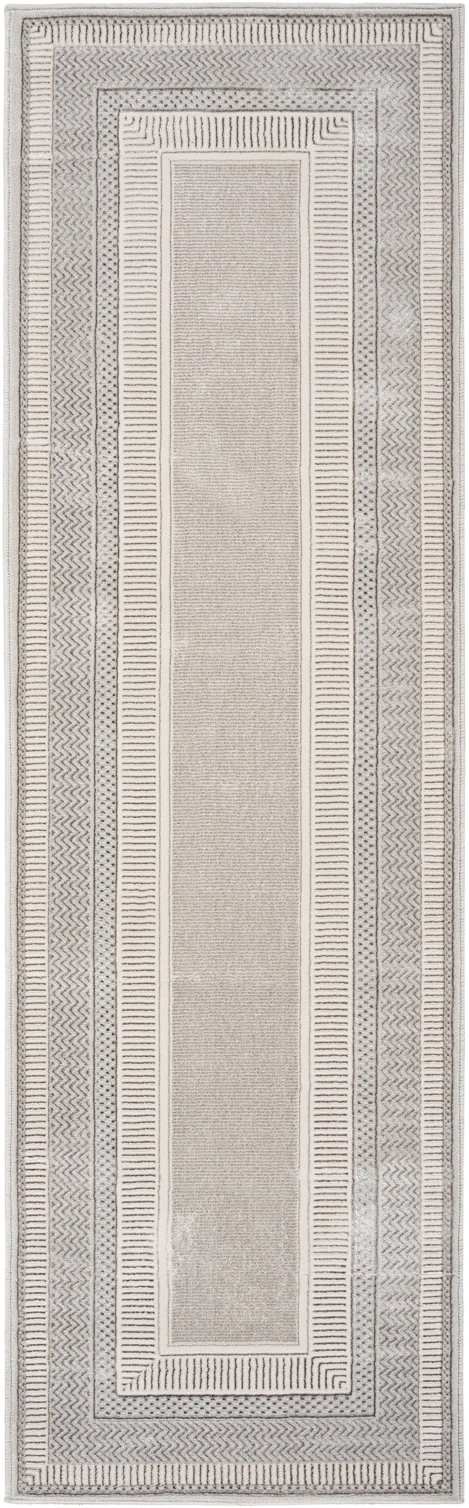 Neutral-toned runner rug with a central beige panel and layered geometric borders in cream, taupe, and gray.