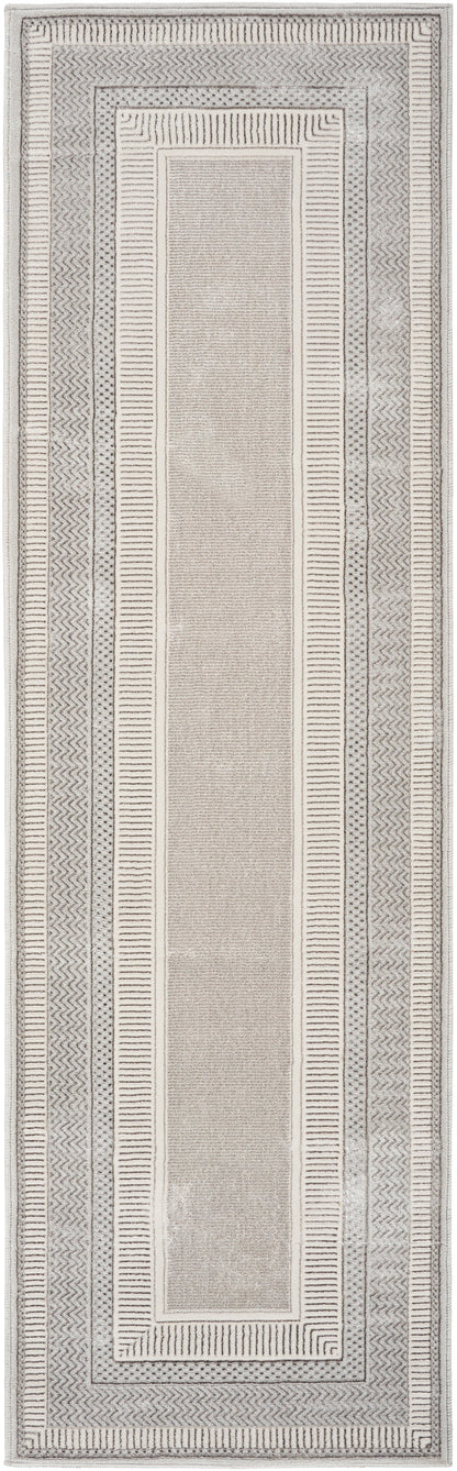 Neutral-toned runner rug with a central beige panel and layered geometric borders in cream, taupe, and gray.