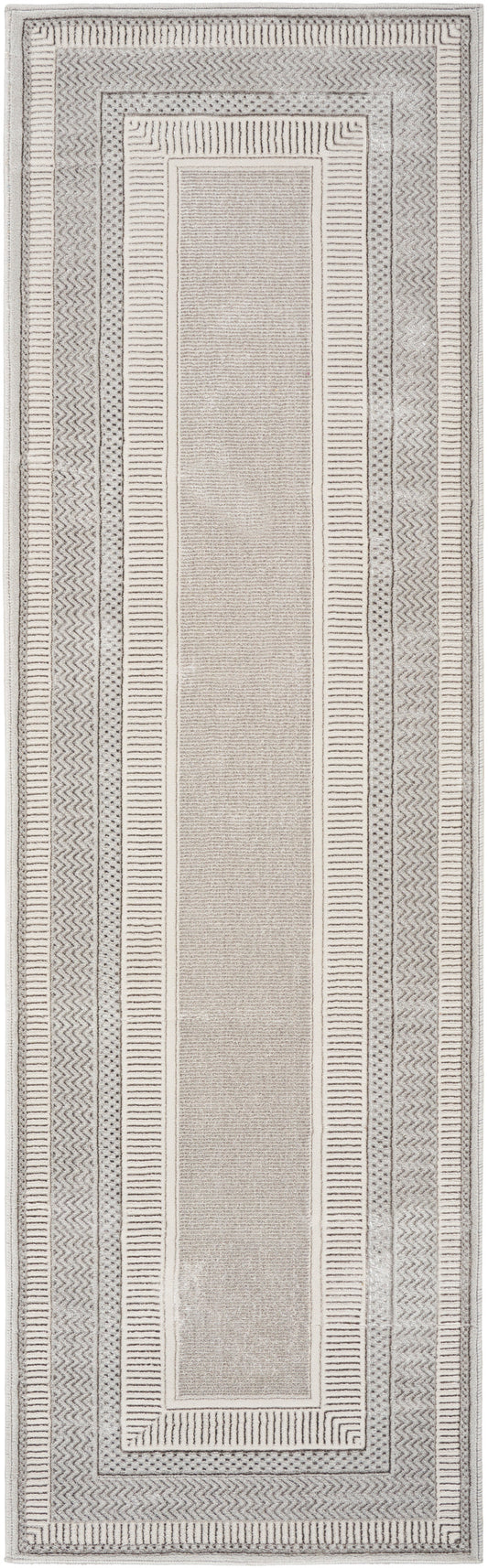 Neutral-toned runner rug with a central beige panel and layered geometric borders in cream, taupe, and gray.