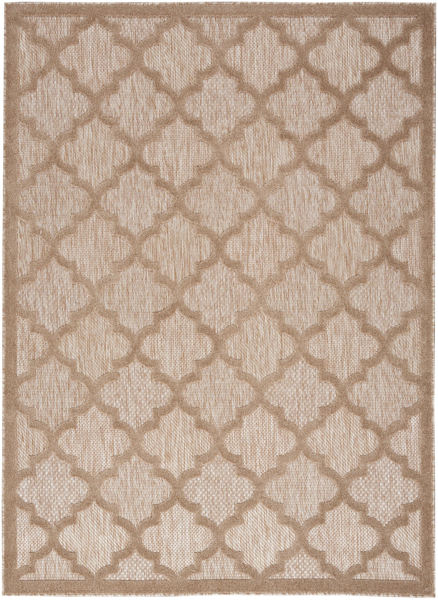 Beige and taupe trellis-pattern rug with quatrefoil lattice, textured woven look, rectangular indoor rug for living room.