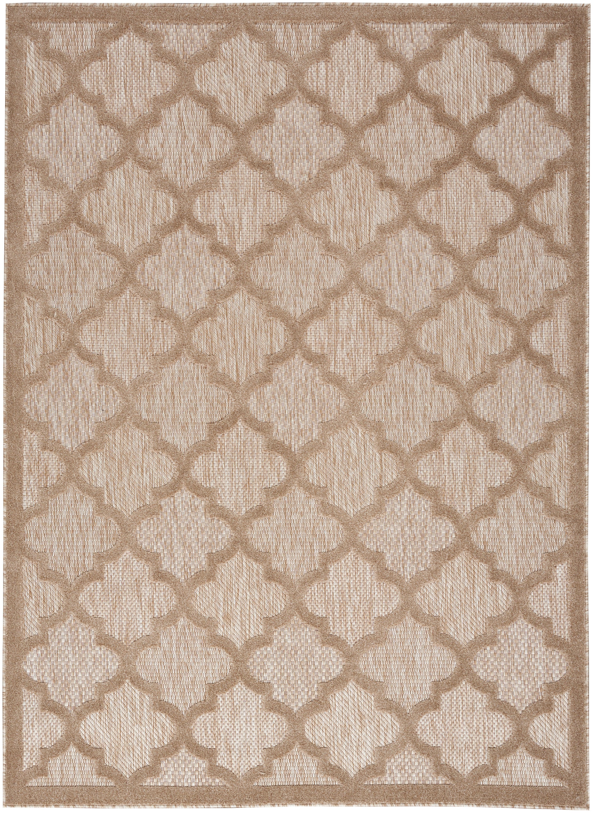Beige and taupe trellis-pattern rug with quatrefoil lattice, textured woven look, rectangular indoor rug for living room.