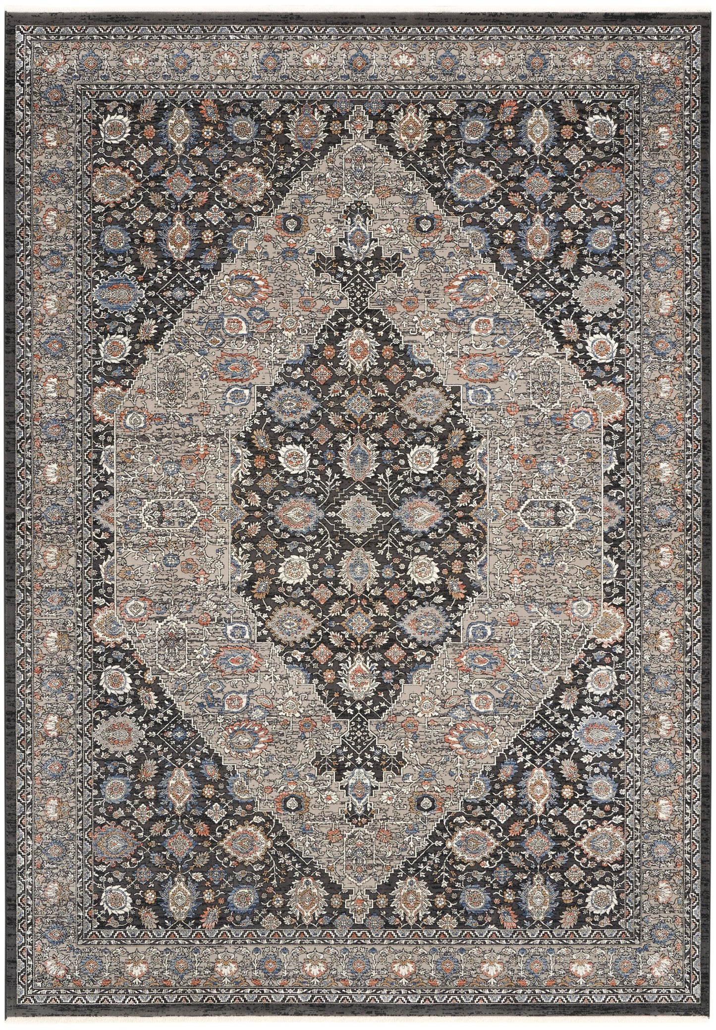 Persian-style area rug with intricate central medallion, navy field, cream, blue and rust floral motifs, bordered edges