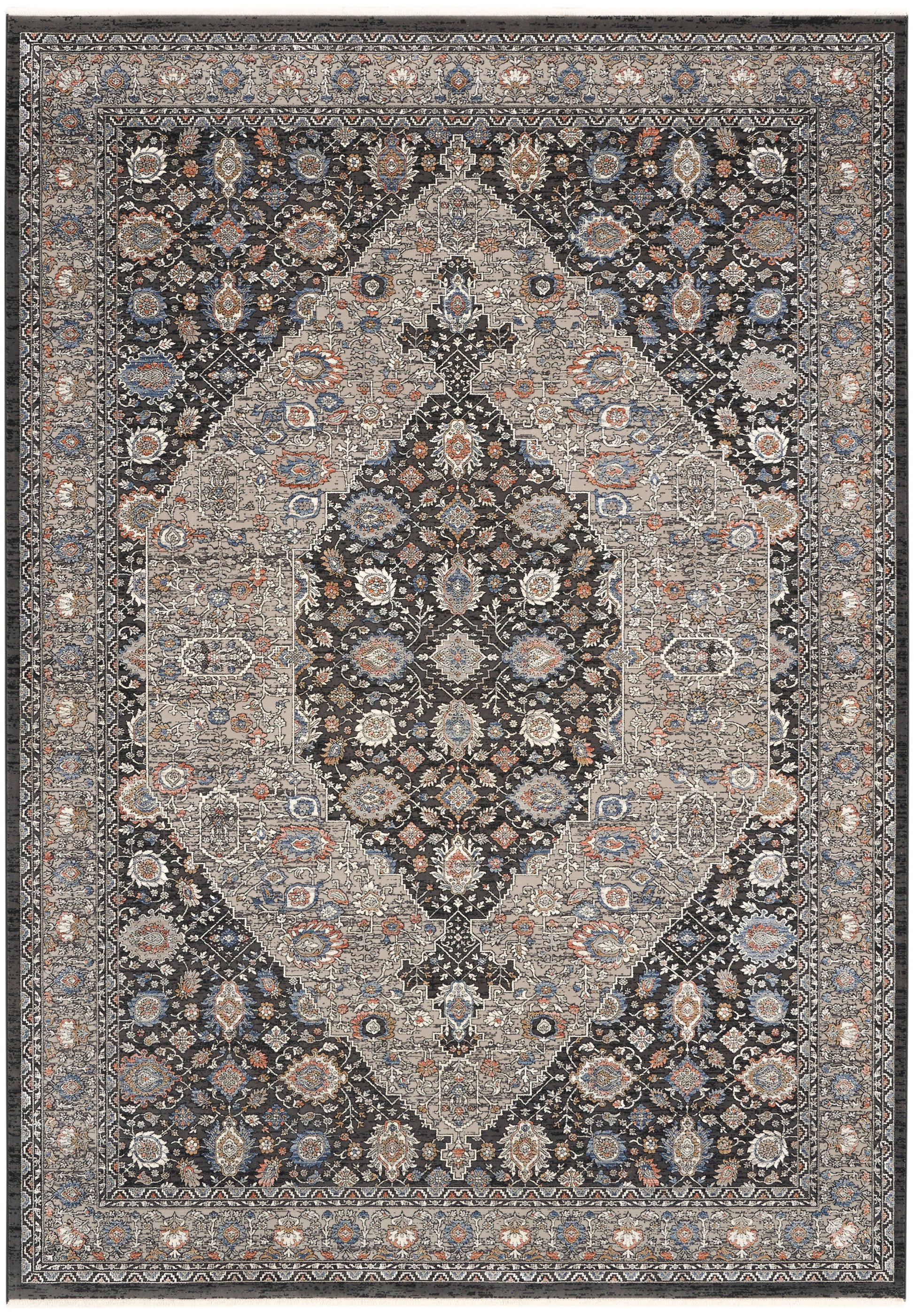 Persian-style area rug with intricate central medallion, navy field, cream, blue and rust floral motifs, bordered edges