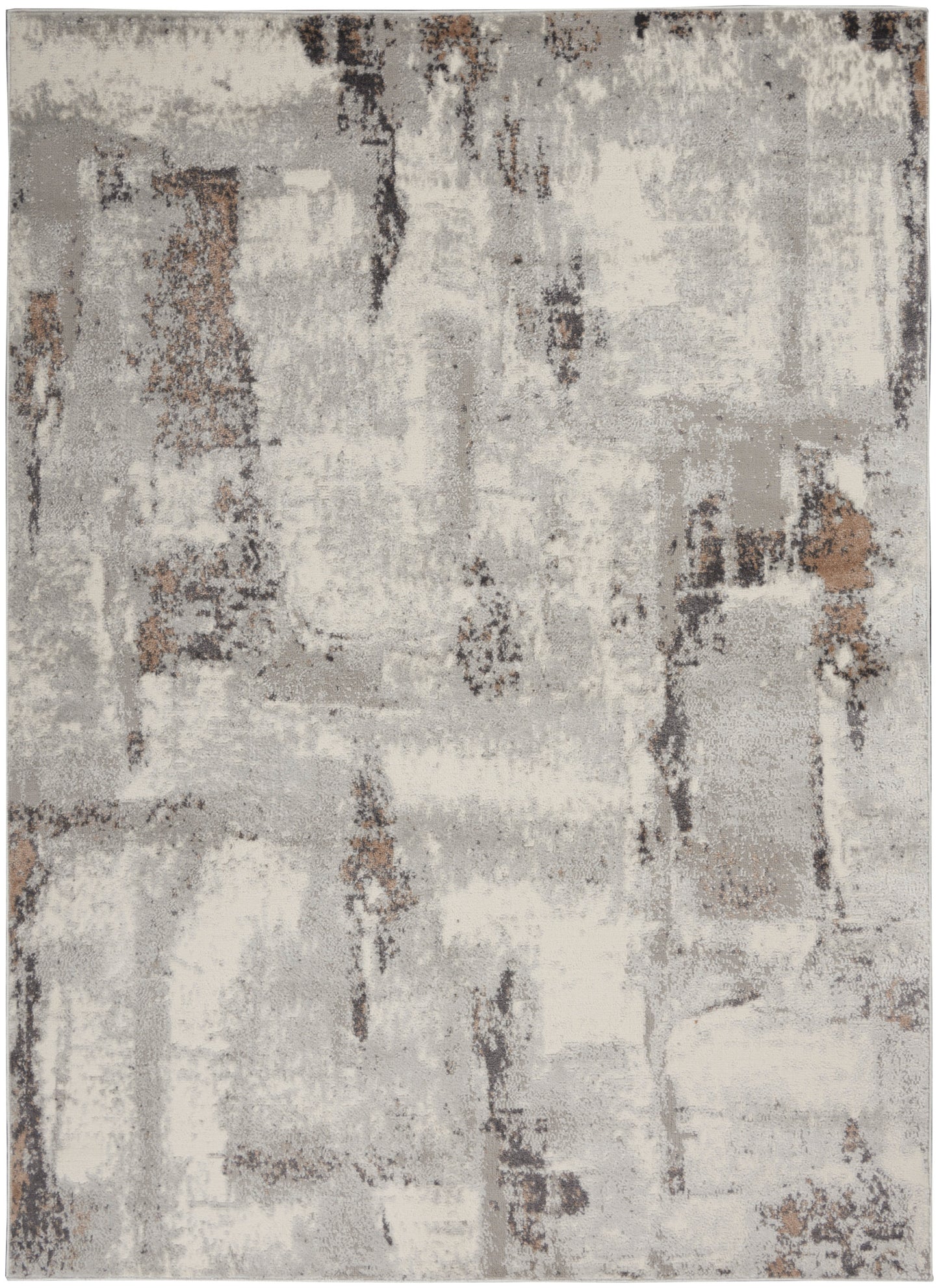 Abstract gray & beige area rug with distressed blocks & brown accents; modern rectangular rug.