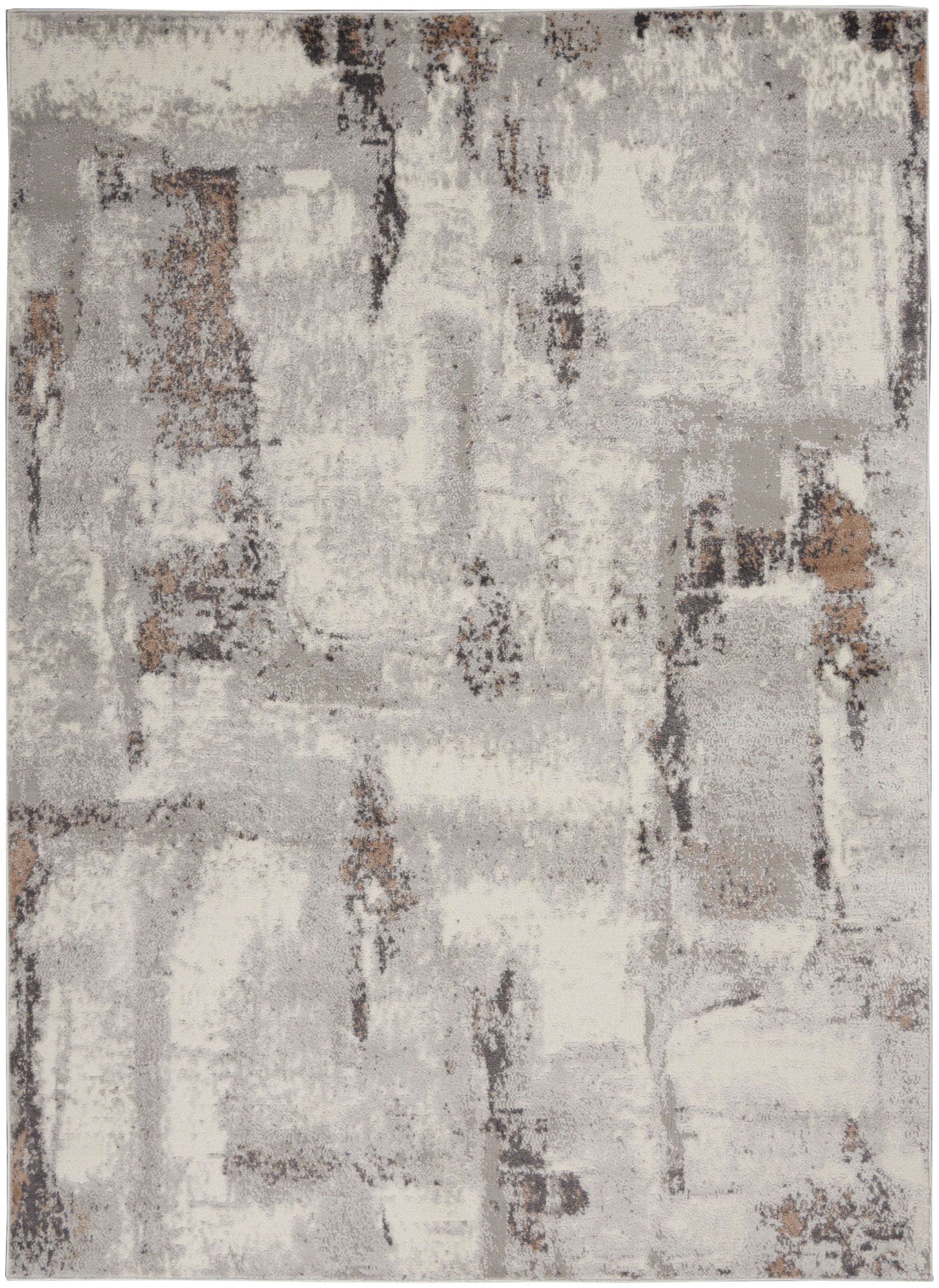 Abstract gray & beige area rug with distressed blocks & brown accents; modern rectangular rug.