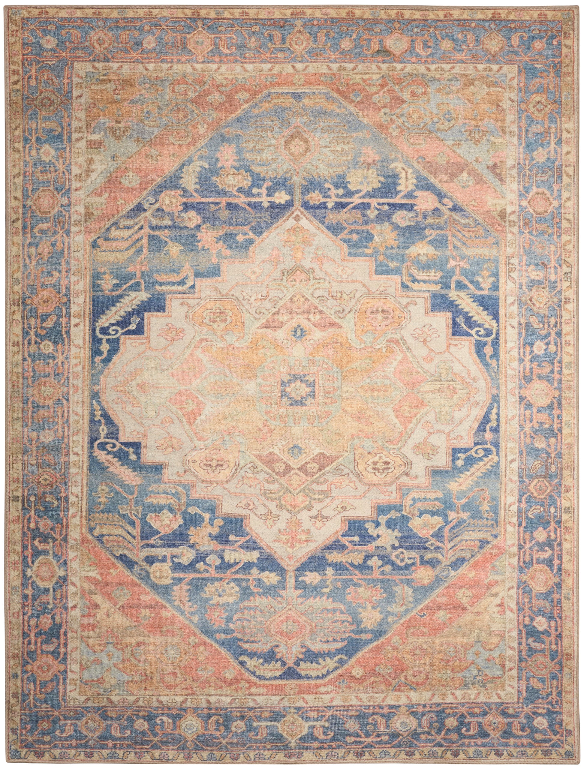 Pastel blue, peach, and cream oriental area rug with central medallion and ornate border; distressed vintage style.