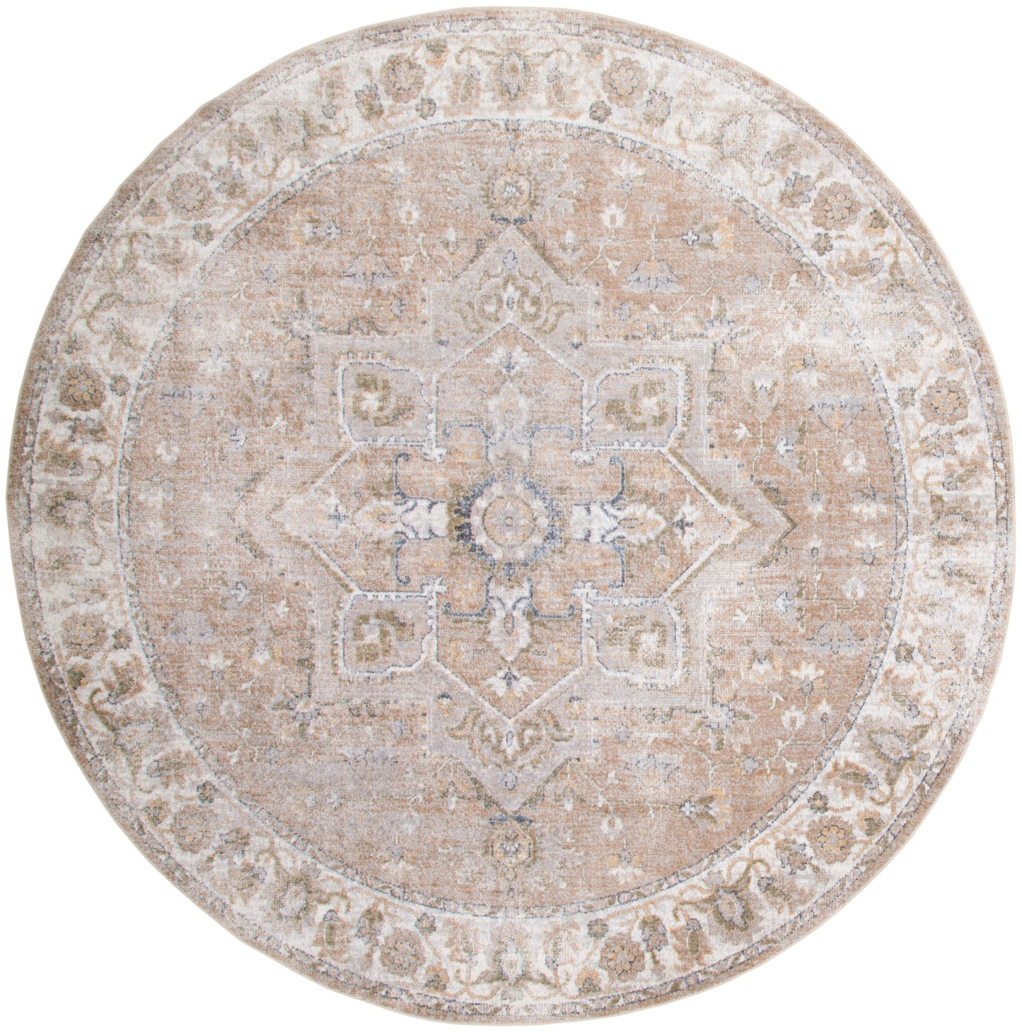 Round distressed beige oriental-style rug with ivory central medallion and floral border.