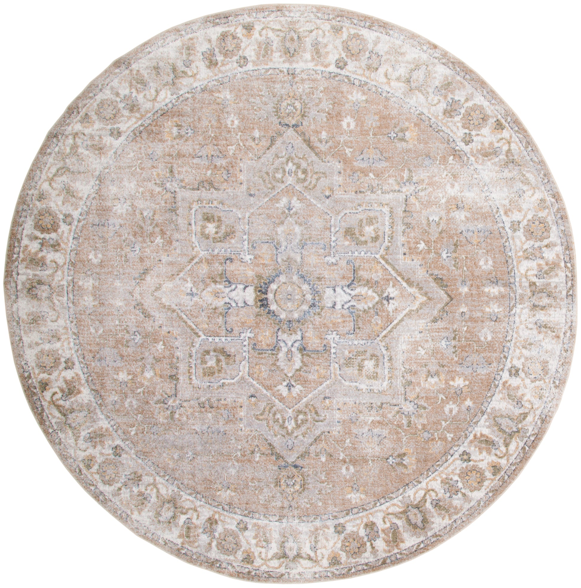 Round distressed beige oriental-style rug with ivory central medallion and floral border.