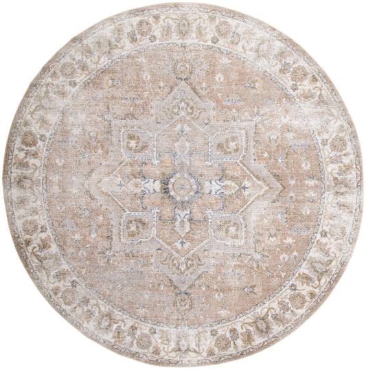 Round distressed beige oriental-style rug with ivory central medallion and floral border.