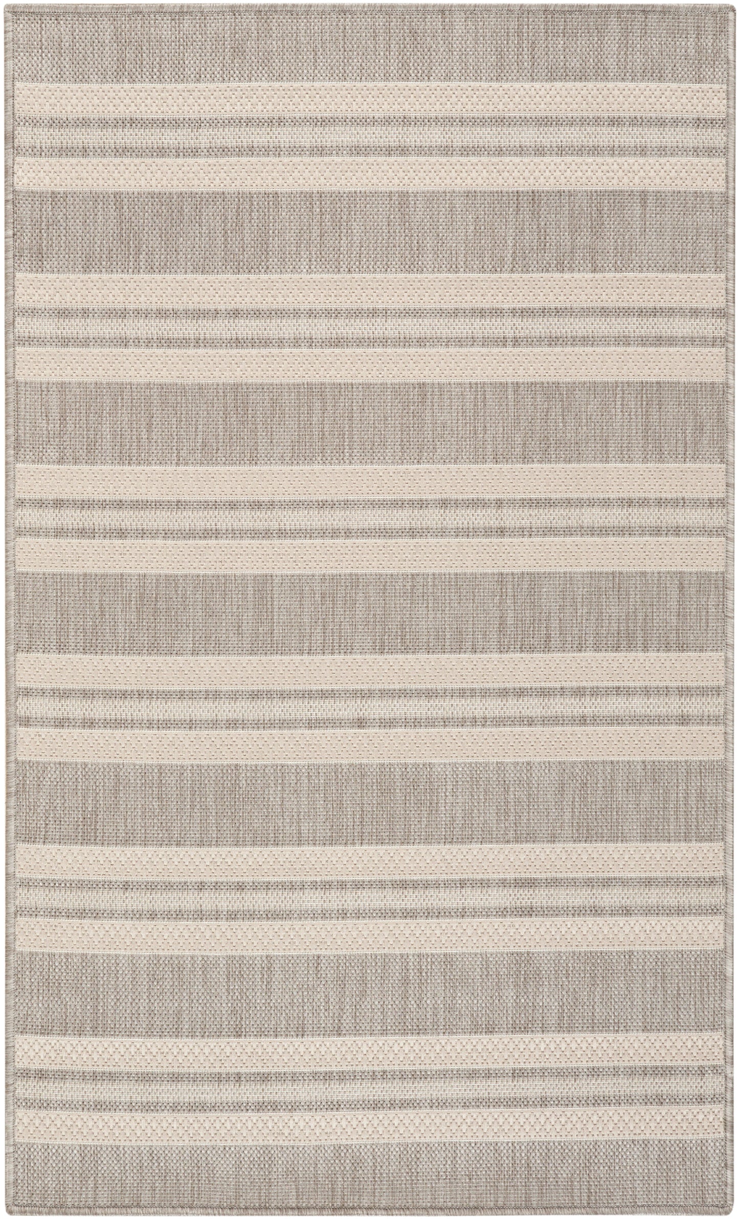 Beige and grey striped woven area rug with alternating light bands and subtle textured weave.