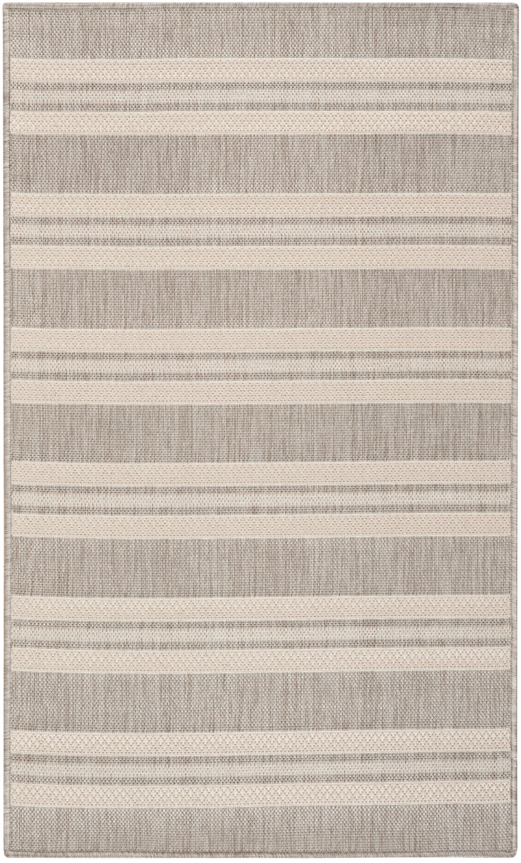 Beige and grey striped woven area rug with alternating light bands and subtle textured weave.