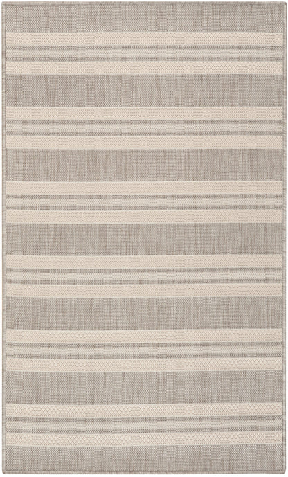 Beige and grey striped woven area rug with alternating light bands and subtle textured weave.